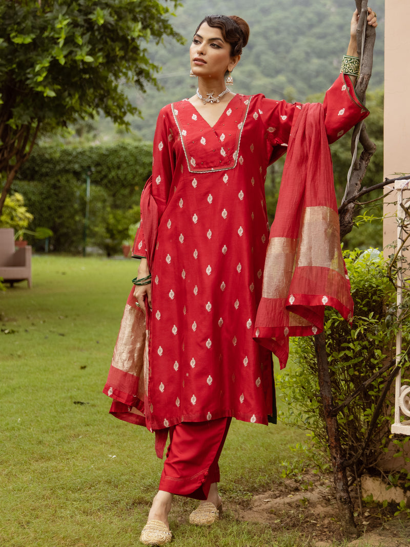 Red Pure Banarasi Chanderi Complete Suit Set For Women's