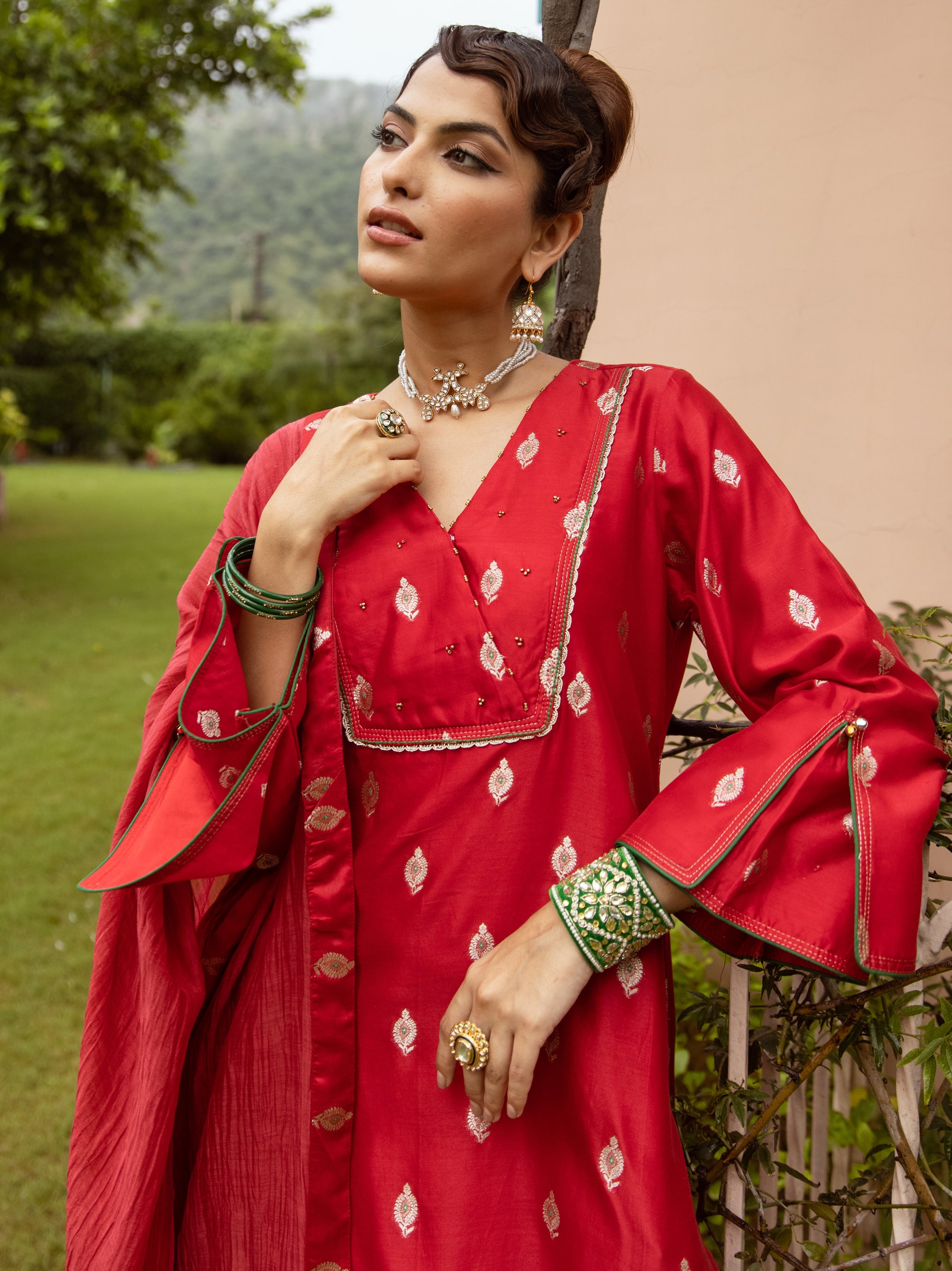 Red Pure Banarasi Chanderi Complete Suit Set For Women's