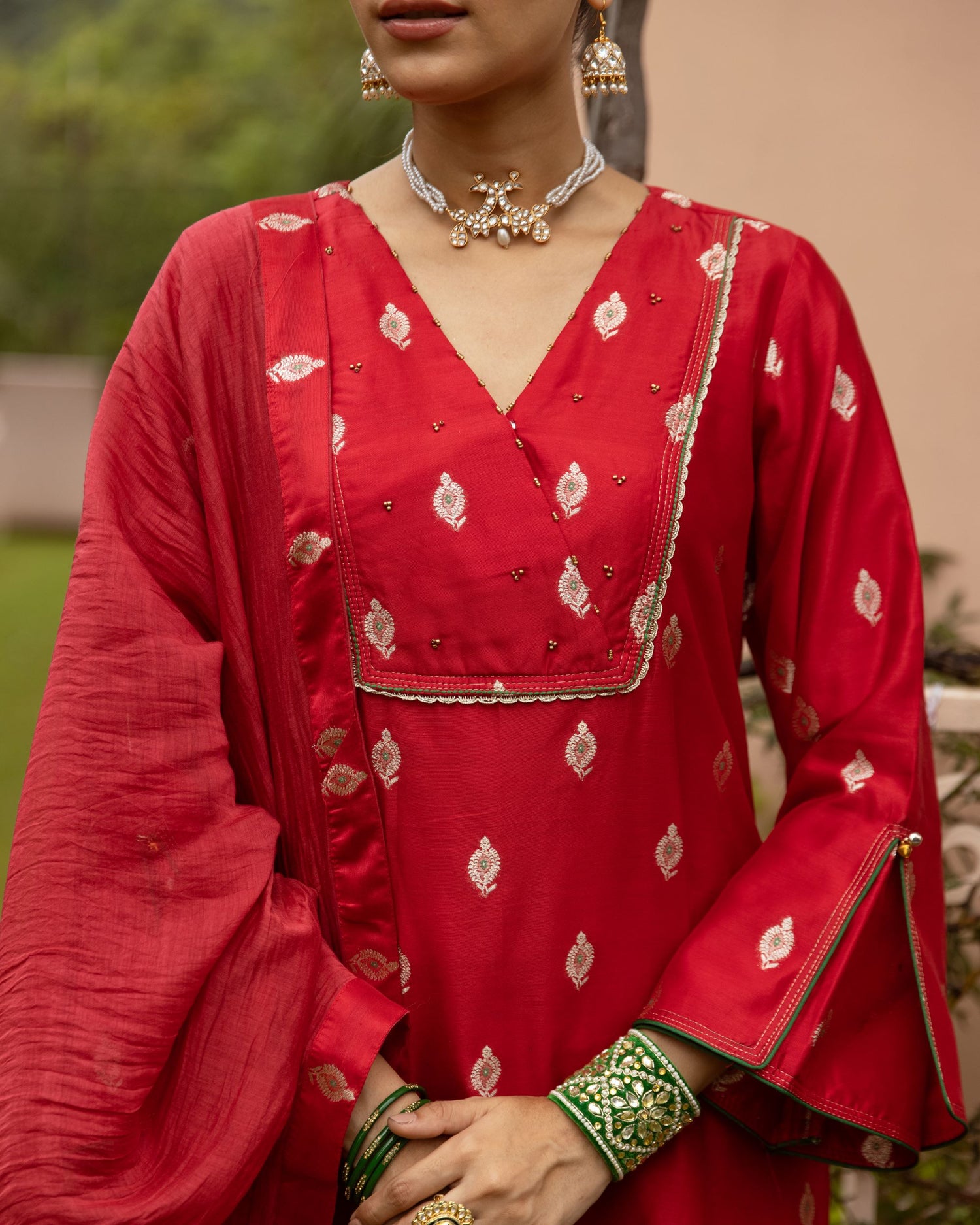 Red Pure Banarasi Chanderi Complete Suit Set For Women's