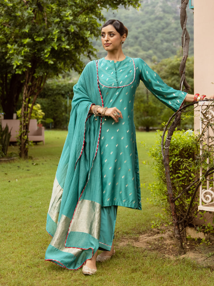 Green Pure Banarasi Chanderi Complete Suit Set For Women's