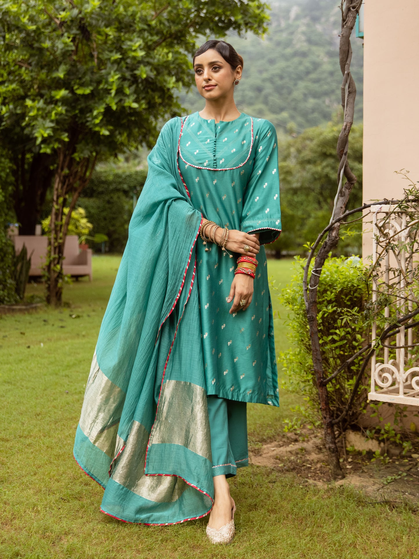 Green Pure Banarasi Chanderi Complete Suit Set For Women's