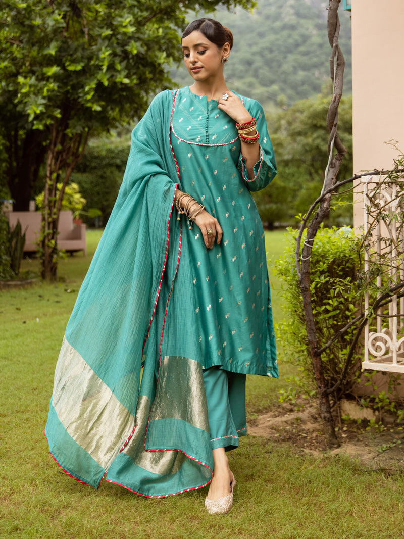 Green Pure Banarasi Chanderi Complete Suit Set For Women's