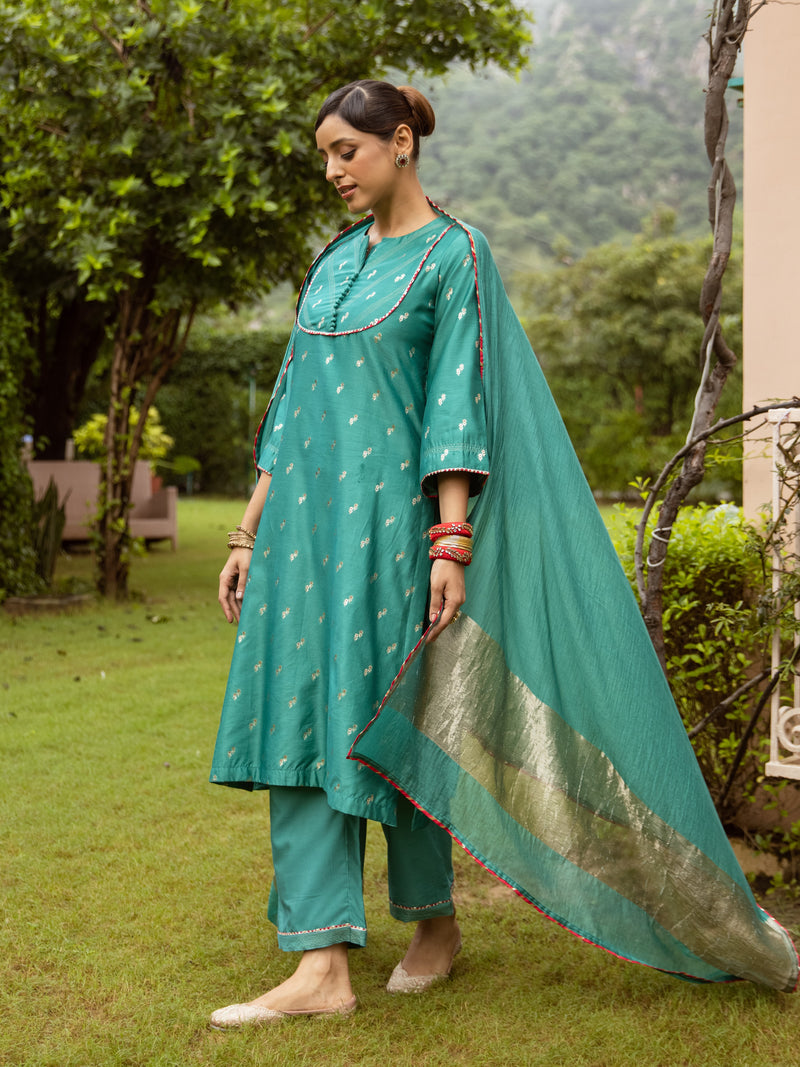 Green Pure Banarasi Chanderi Complete Suit Set For Women's
