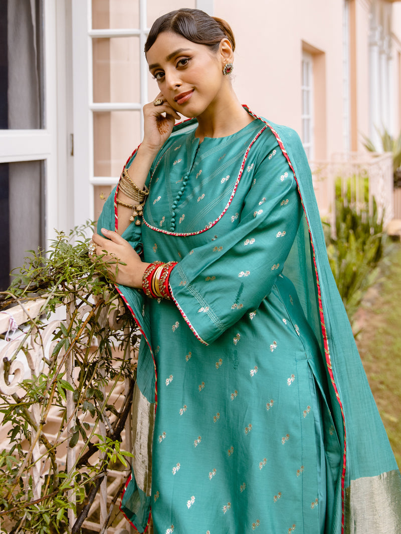 Green Pure Banarasi Chanderi Complete Suit Set For Women's