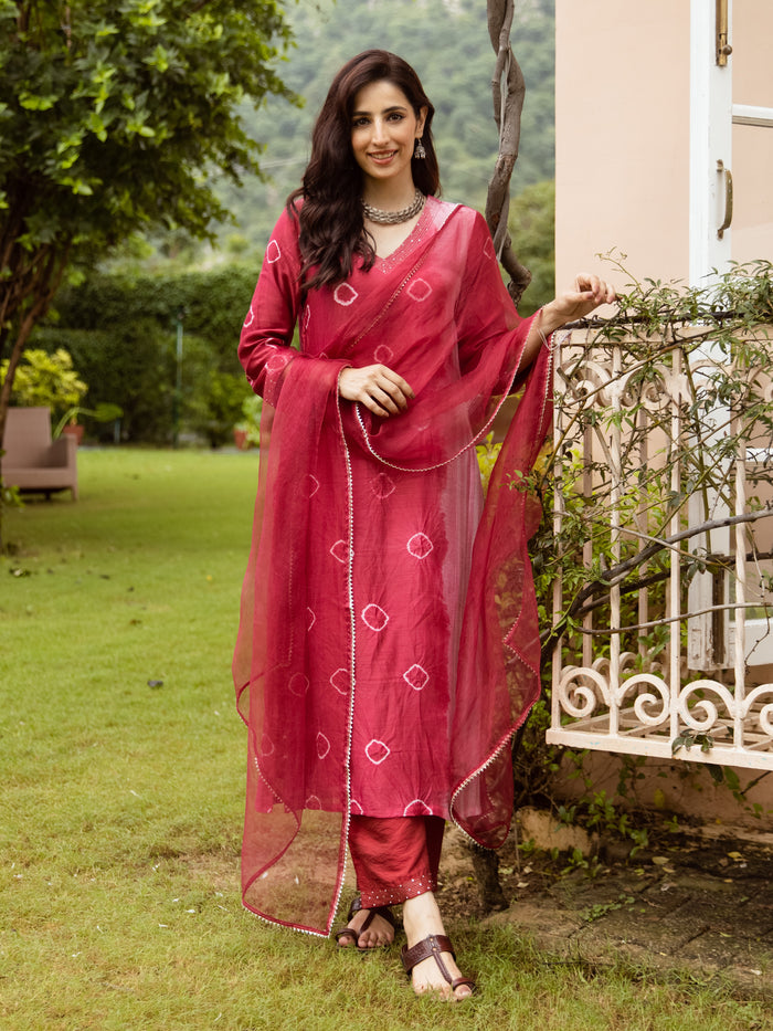 Red Chanderi V-neck Complete Suit Set For Women's