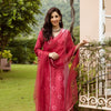 Red Chanderi V-neck Complete Suit Set For Women's