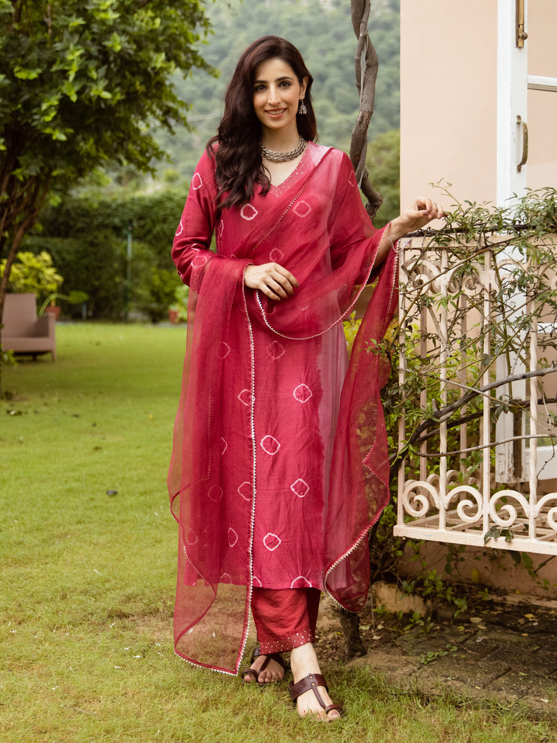 Red Chanderi V-neck Complete Suit Set For Women's