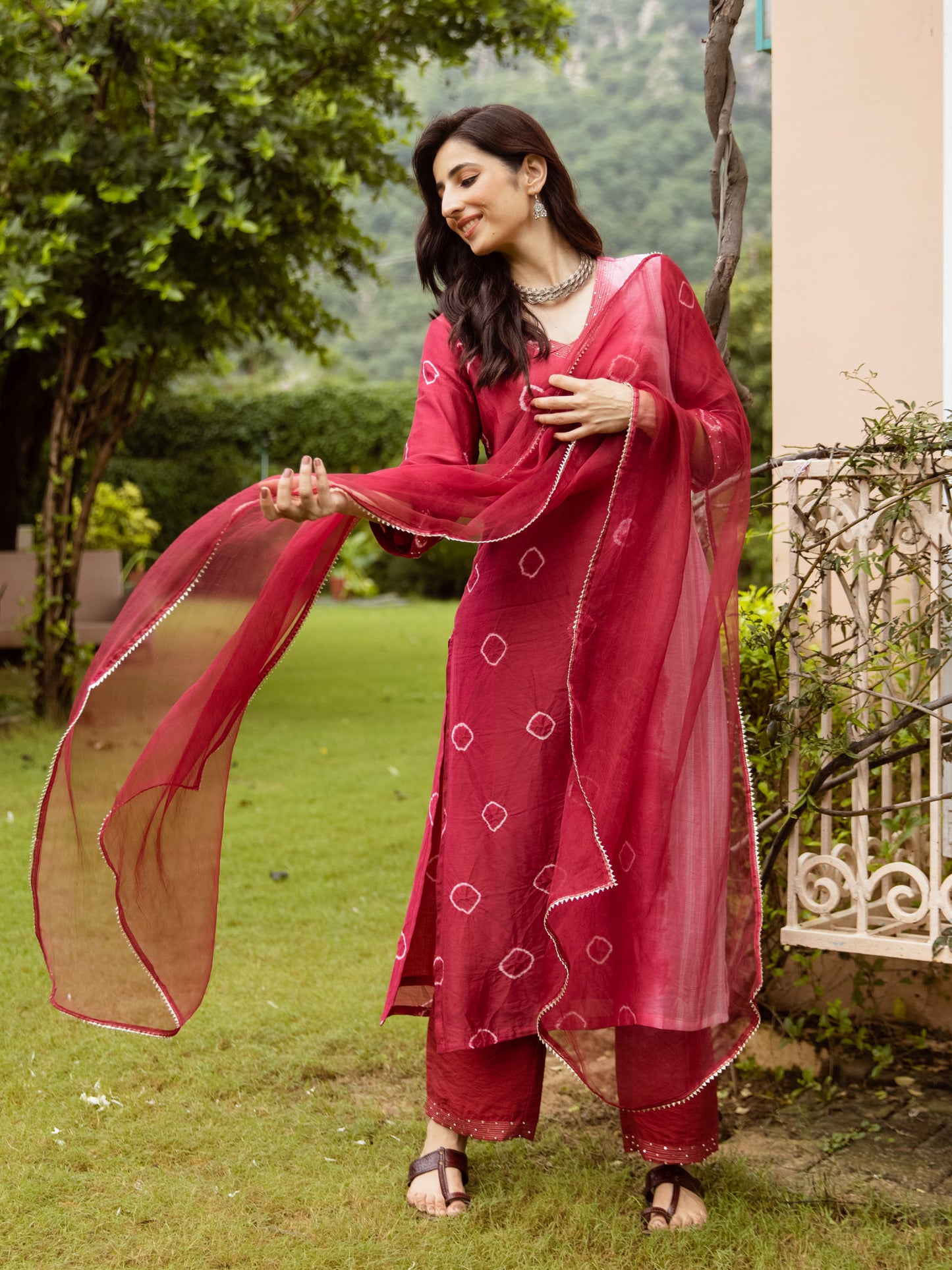 Red Chanderi V-neck Complete Suit Set For Women's