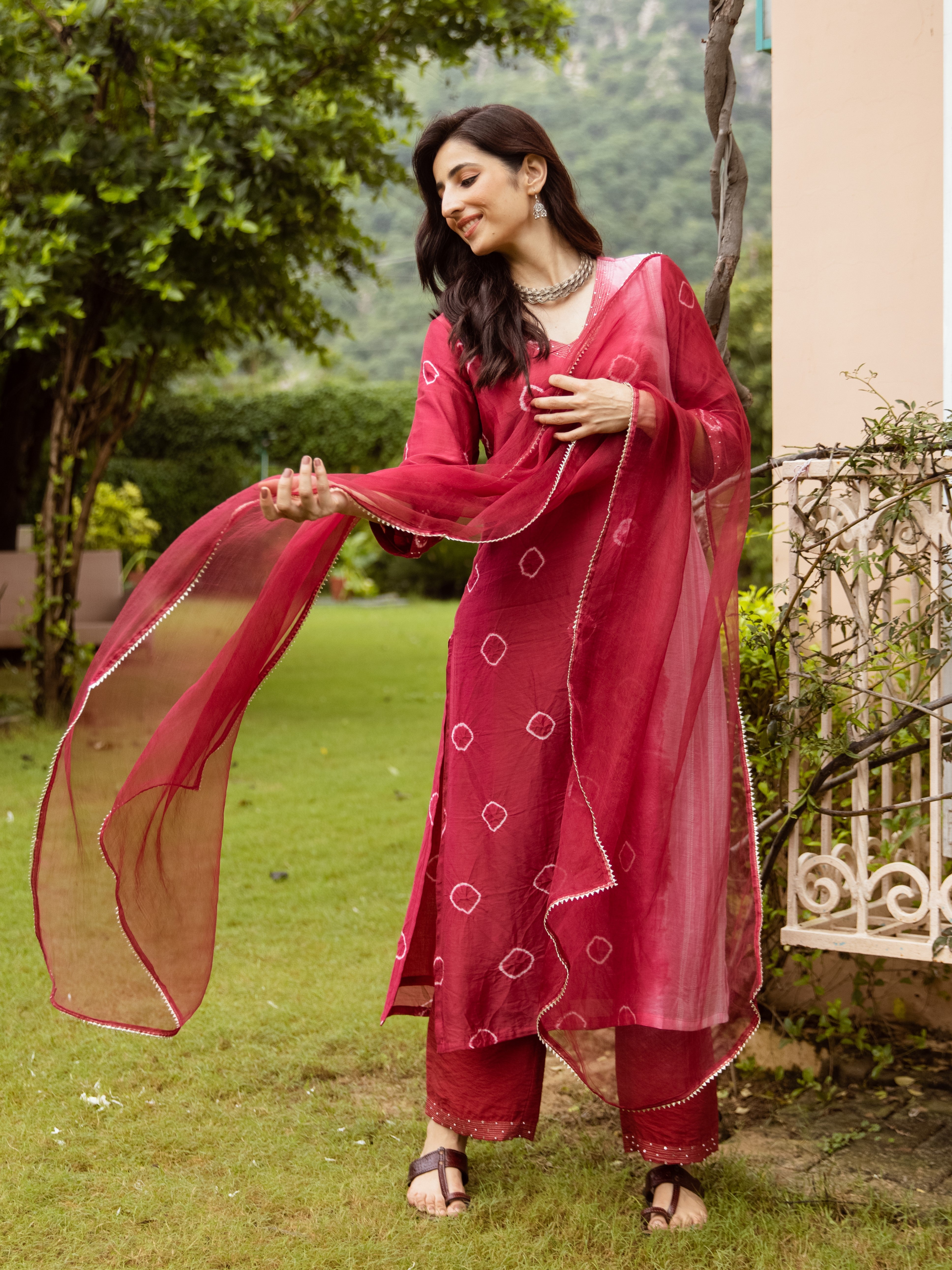 Red Chanderi V-neck Complete Suit Set For Women's