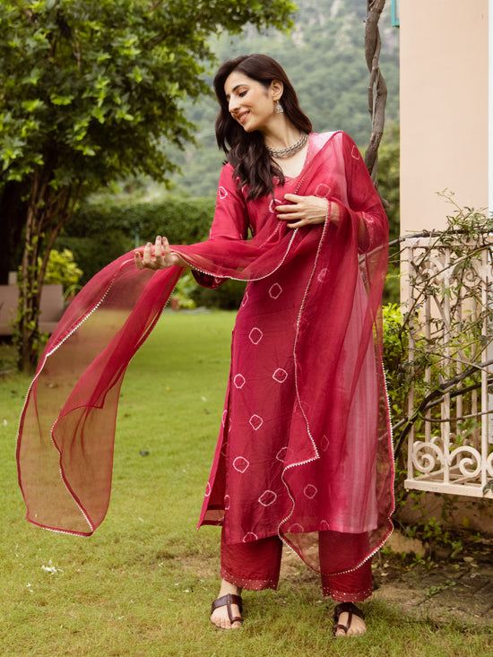 Red Chanderi V-neck Complete Suit Set For Women's
