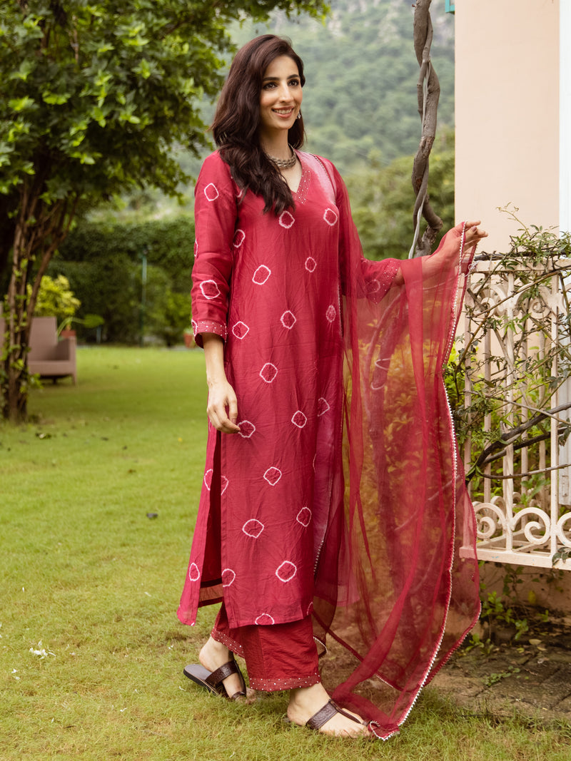 Red Chanderi V-neck Complete Suit Set For Women's