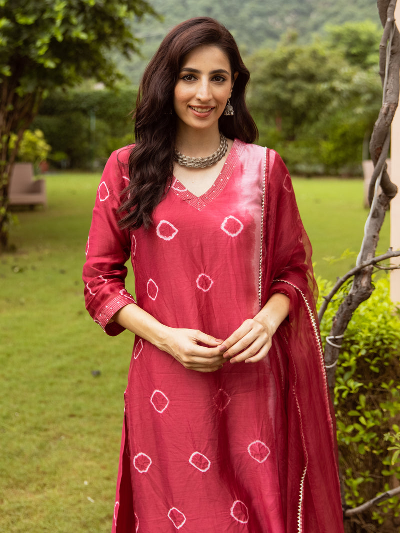 Red Chanderi V-neck Complete Suit Set For Women's