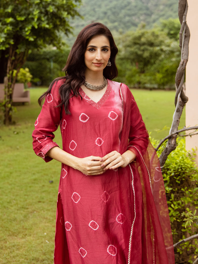 Red Chanderi V-neck Complete Suit Set For Women's