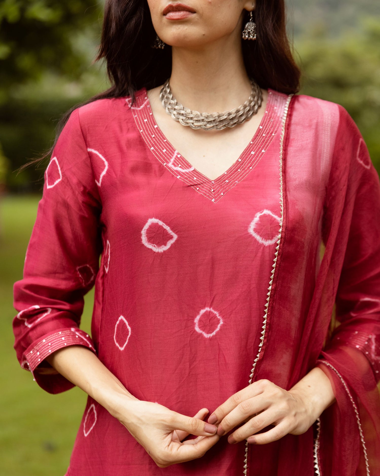 Red Chanderi V-neck Complete Suit Set For Women's