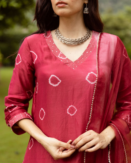 Red Chanderi V-neck Complete Suit Set For Women's