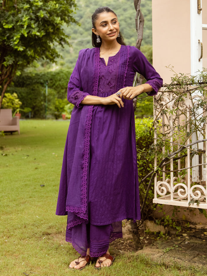 Brinjal Cotton Dobby Complete Suit Set For Women's