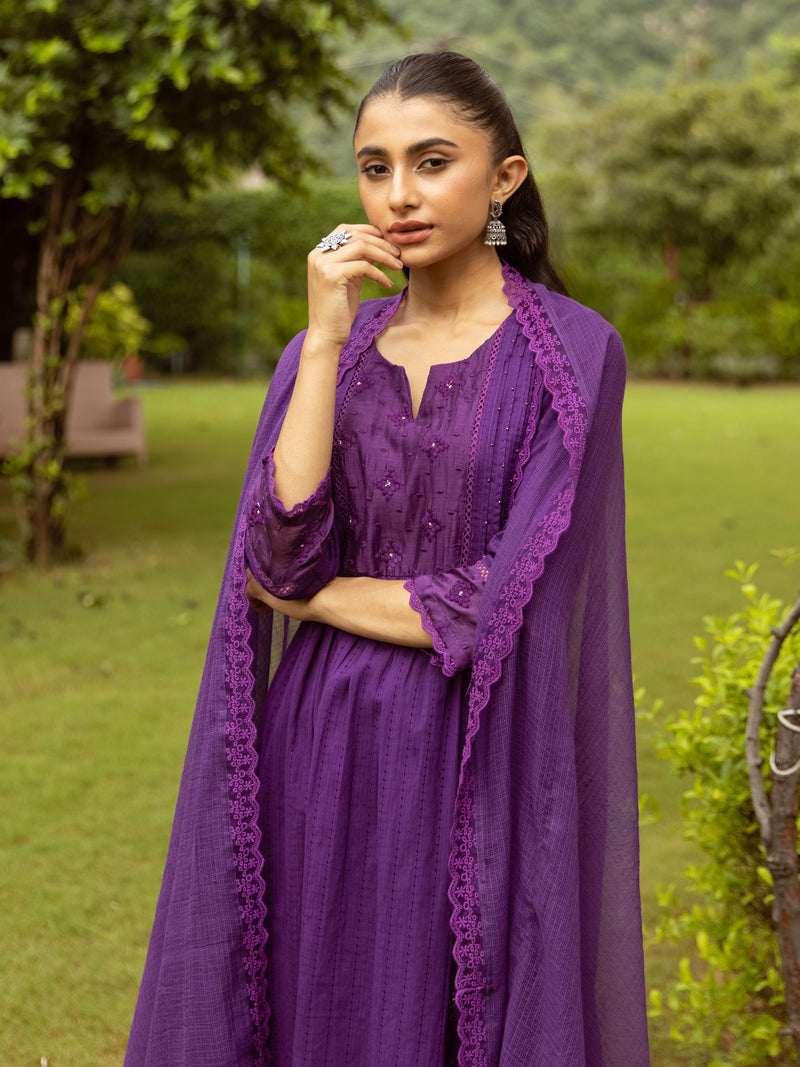 Brinjal Cotton Dobby Complete Suit Set For Women's