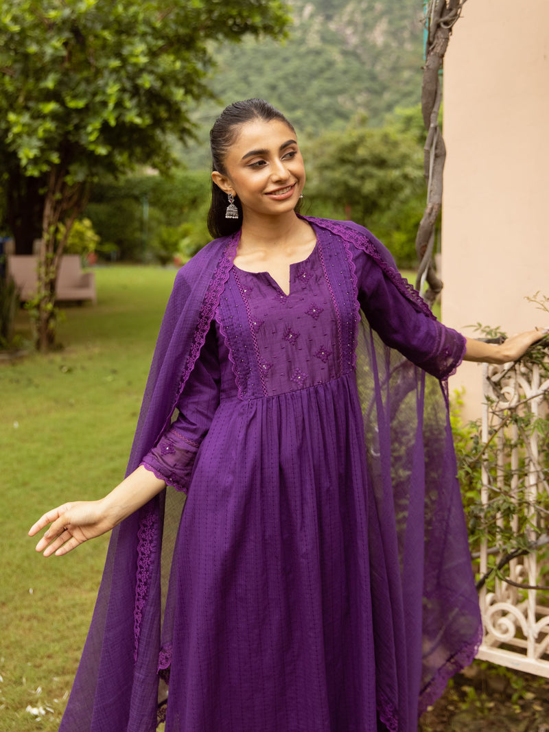 Brinjal Cotton Dobby Complete Suit Set For Women's