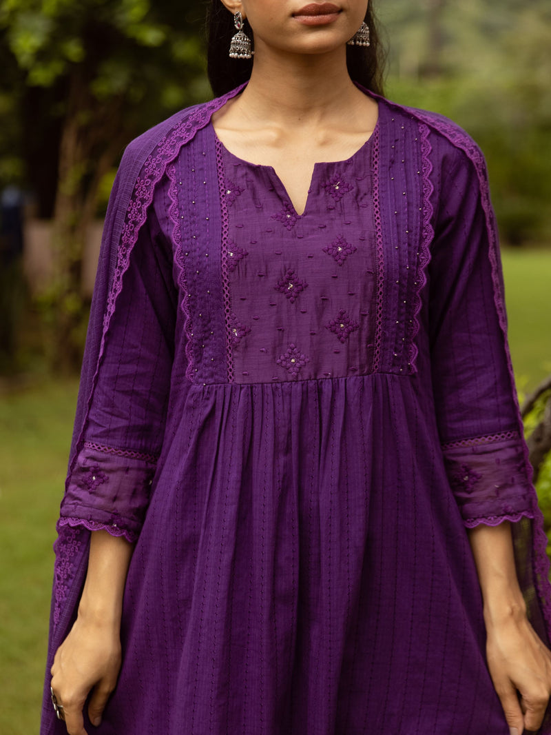 Brinjal Cotton Dobby Complete Suit Set For Women's