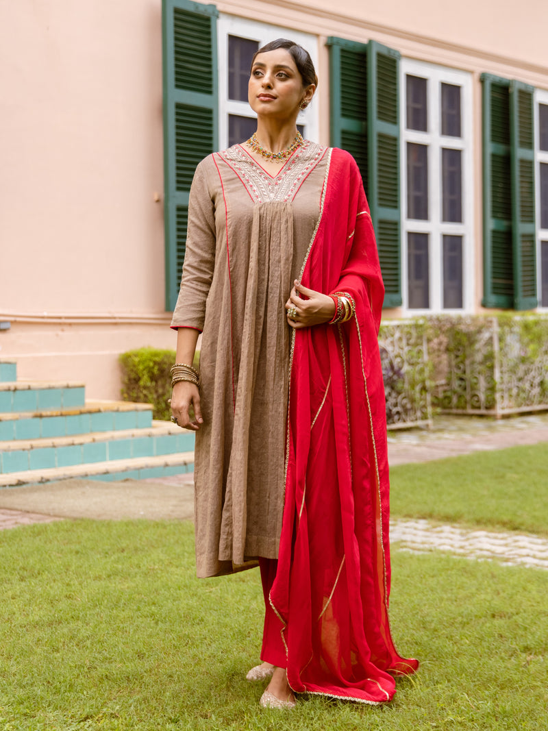Brown & Red Chanderi Complete Suit Set For Women's