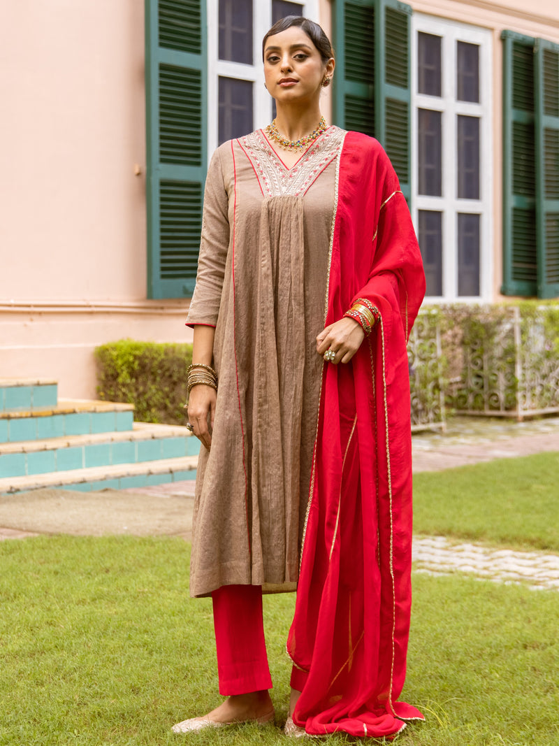 Brown & Red Chanderi Complete Suit Set For Women's
