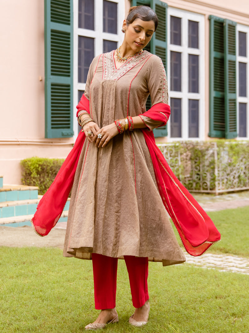 Brown & Red Chanderi Complete Suit Set For Women's