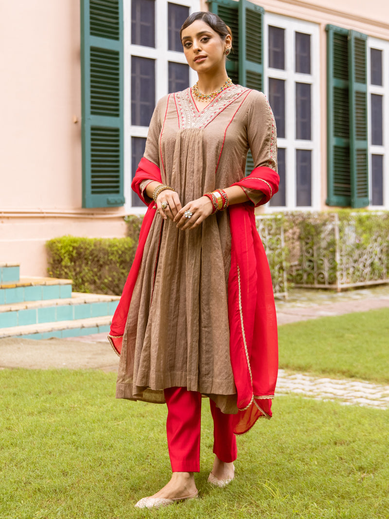 Brown & Red Chanderi Complete Suit Set For Women's