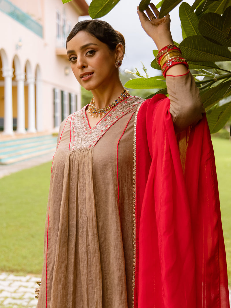 Brown & Red Chanderi Complete Suit Set For Women's
