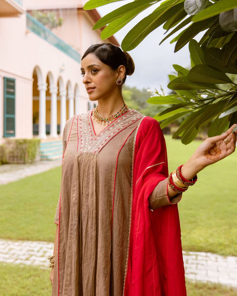 Brown & Red Chanderi Complete Suit Set For Women's