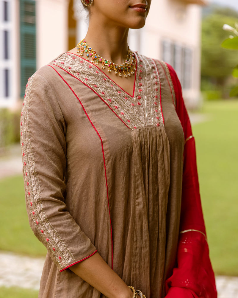Brown & Red Chanderi Complete Suit Set For Women's