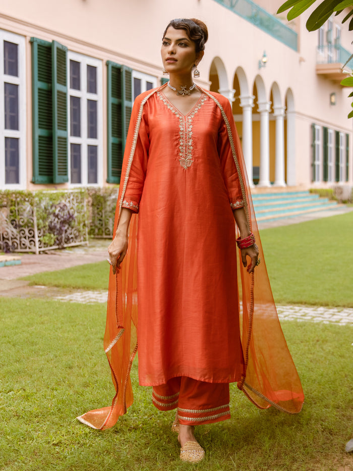 Orange Mul Chanderi Complete Suit Set For Women's