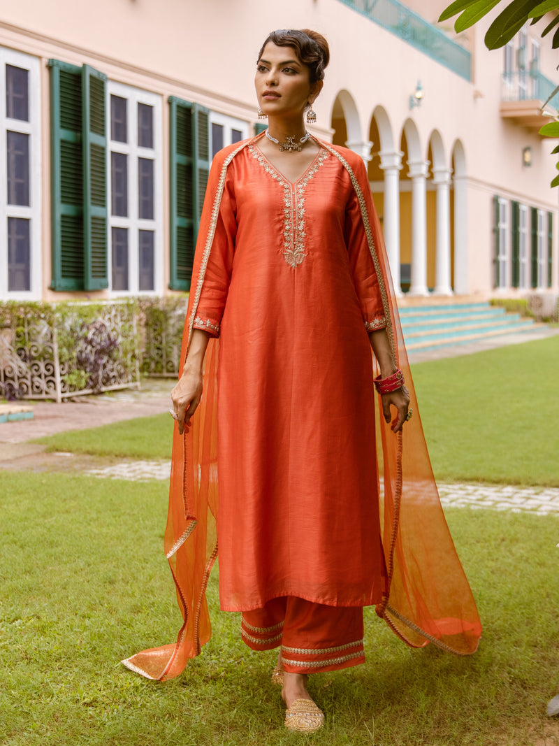 Orange Mul Chanderi Complete Suit Set For Women's