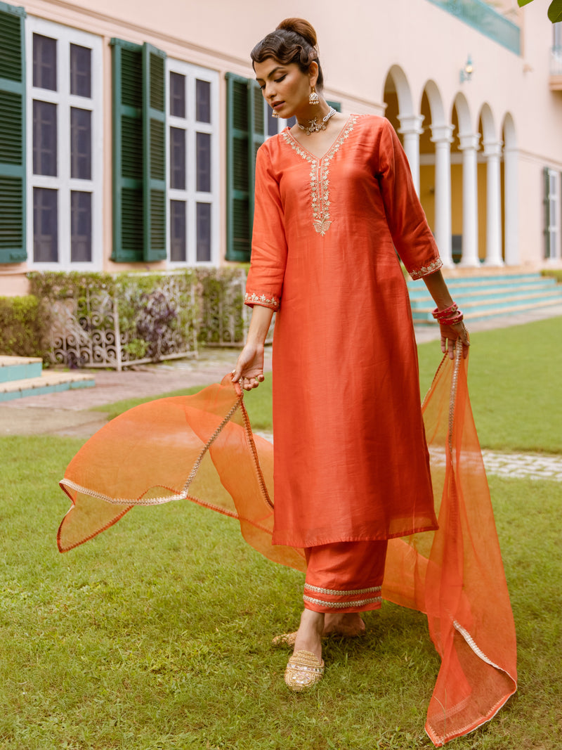 Orange Mul Chanderi Complete Suit Set For Women's