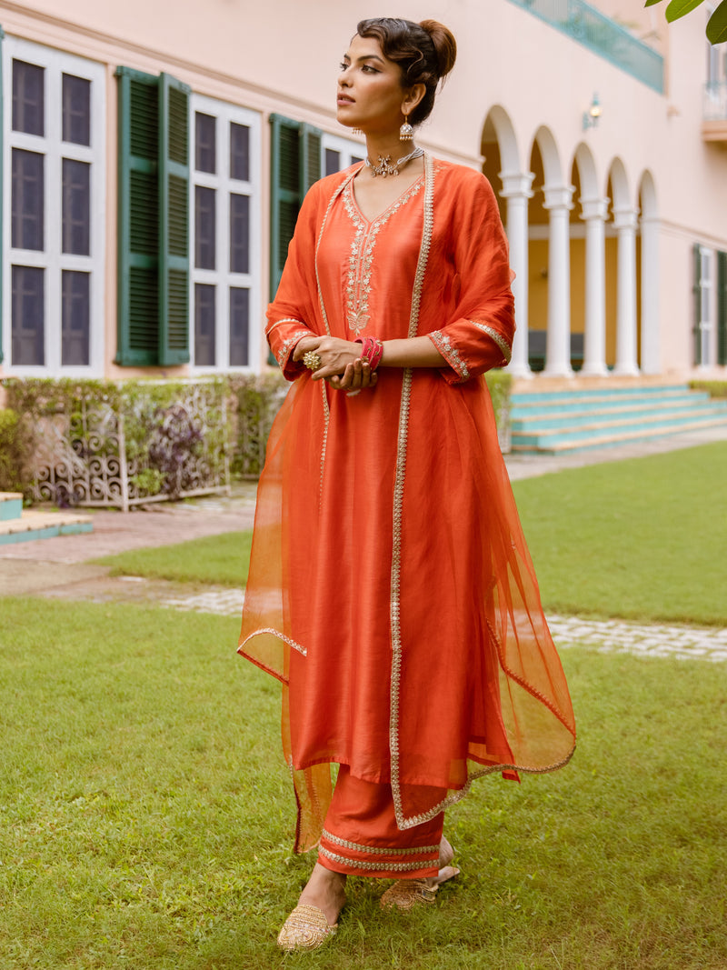 Orange Mul Chanderi Complete Suit Set For Women's