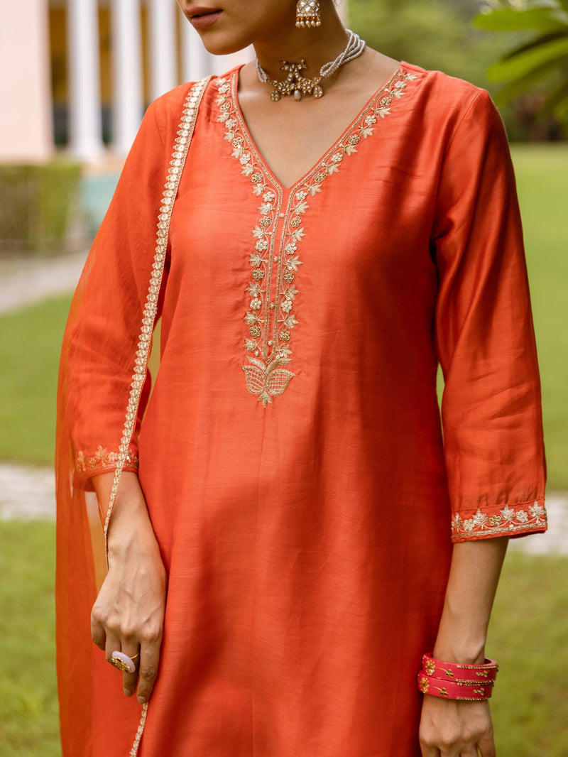 Orange Mul Chanderi Complete Suit Set For Women's