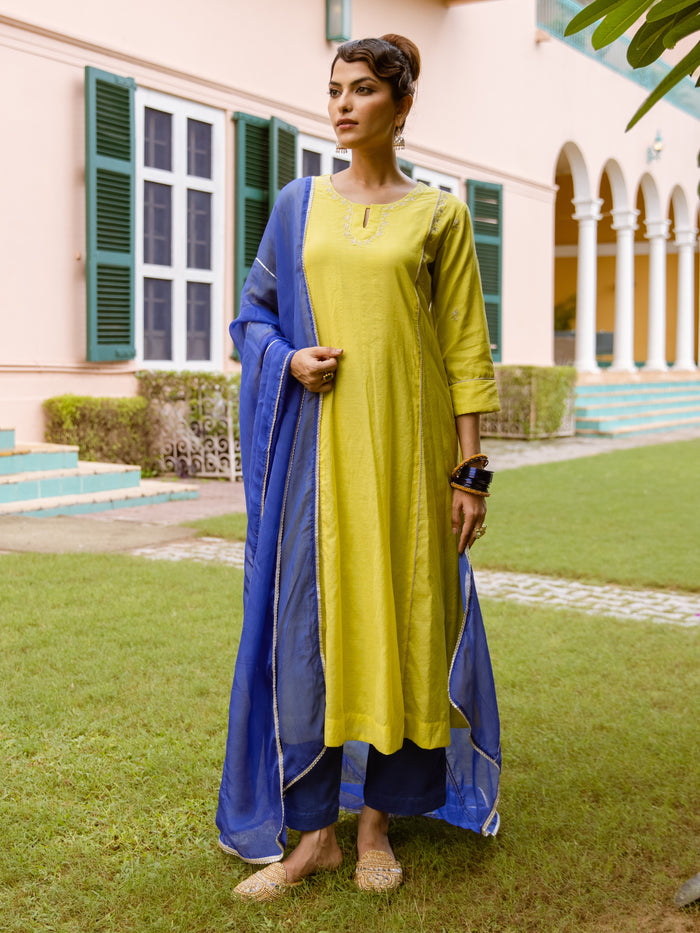 Neon Green Chanderi Complete Suit Set For Women's