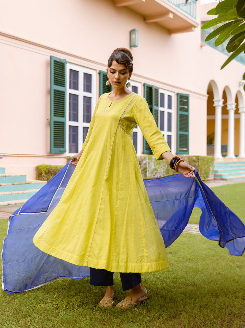 Neon Green Chanderi Complete Suit Set For Women's