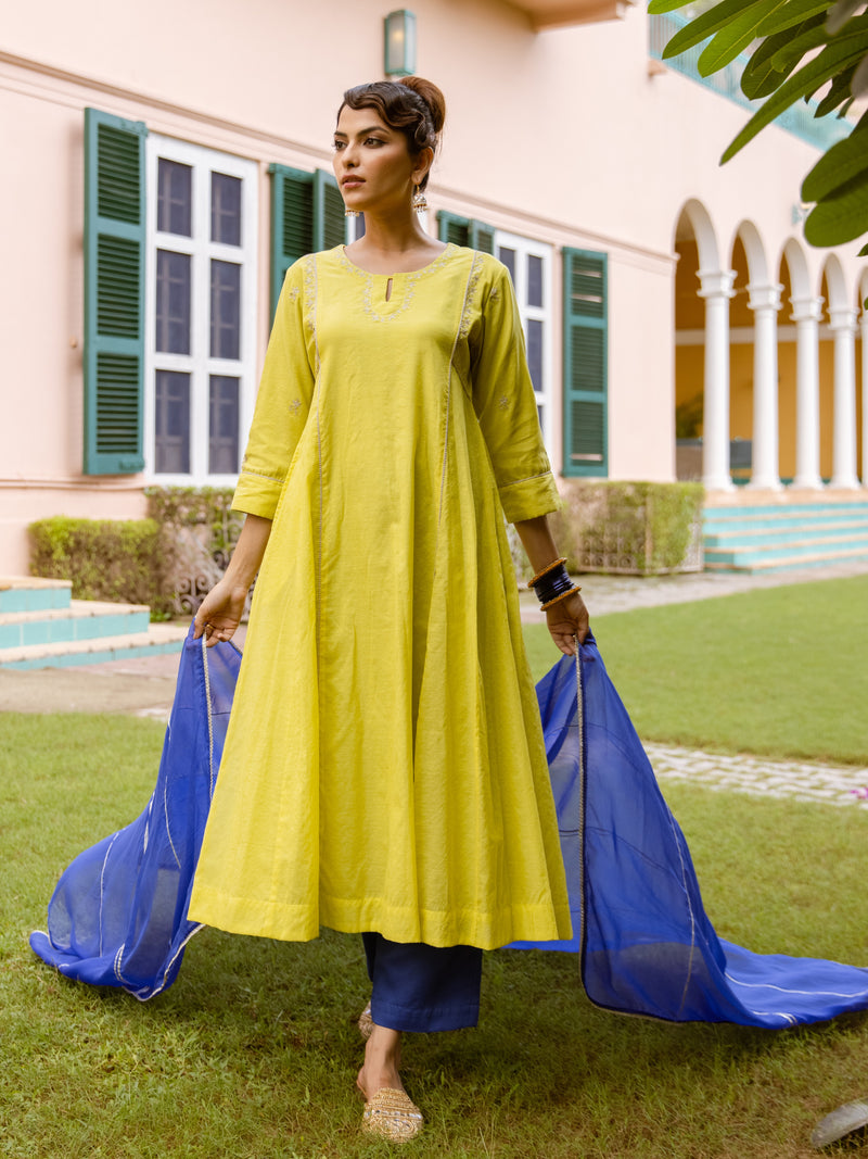 Neon Green Chanderi Complete Suit Set For Women's