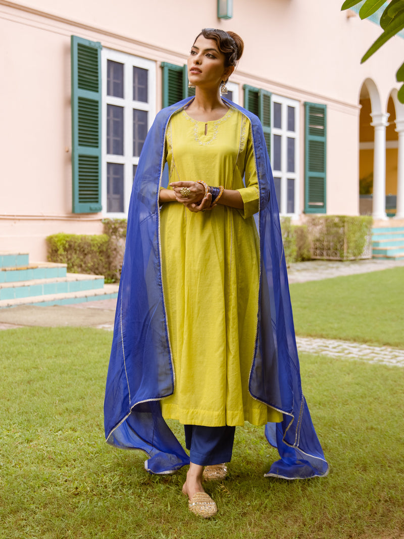 Neon Green Chanderi Complete Suit Set For Women's