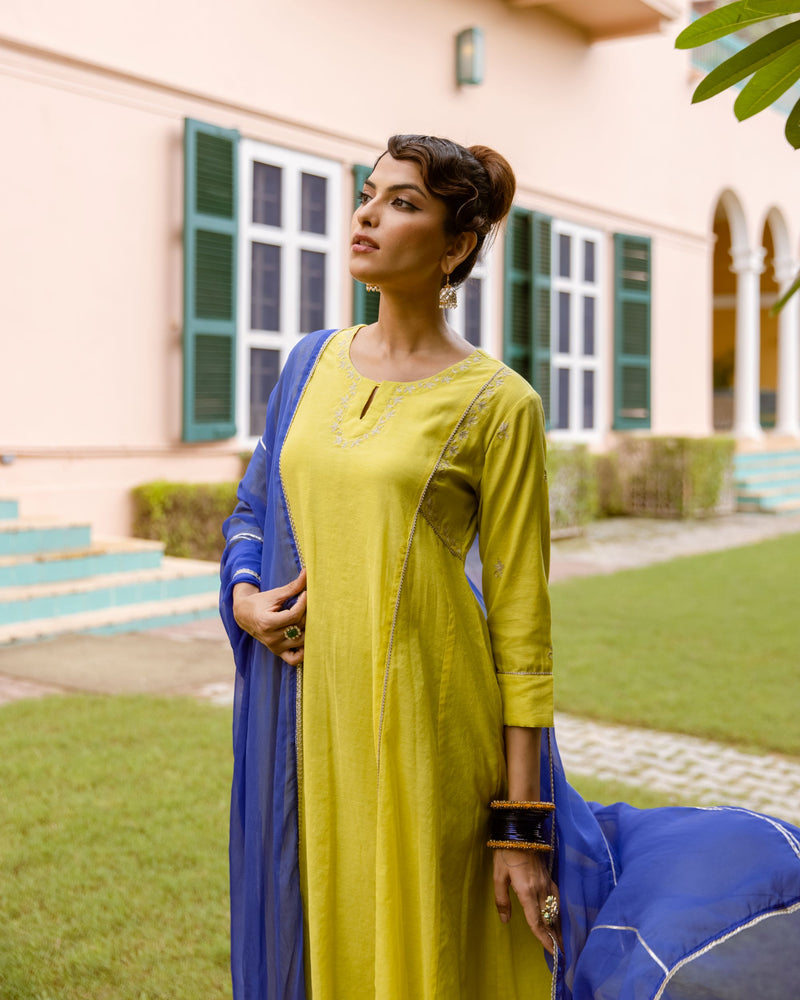 Neon Green Chanderi Complete Suit Set For Women's