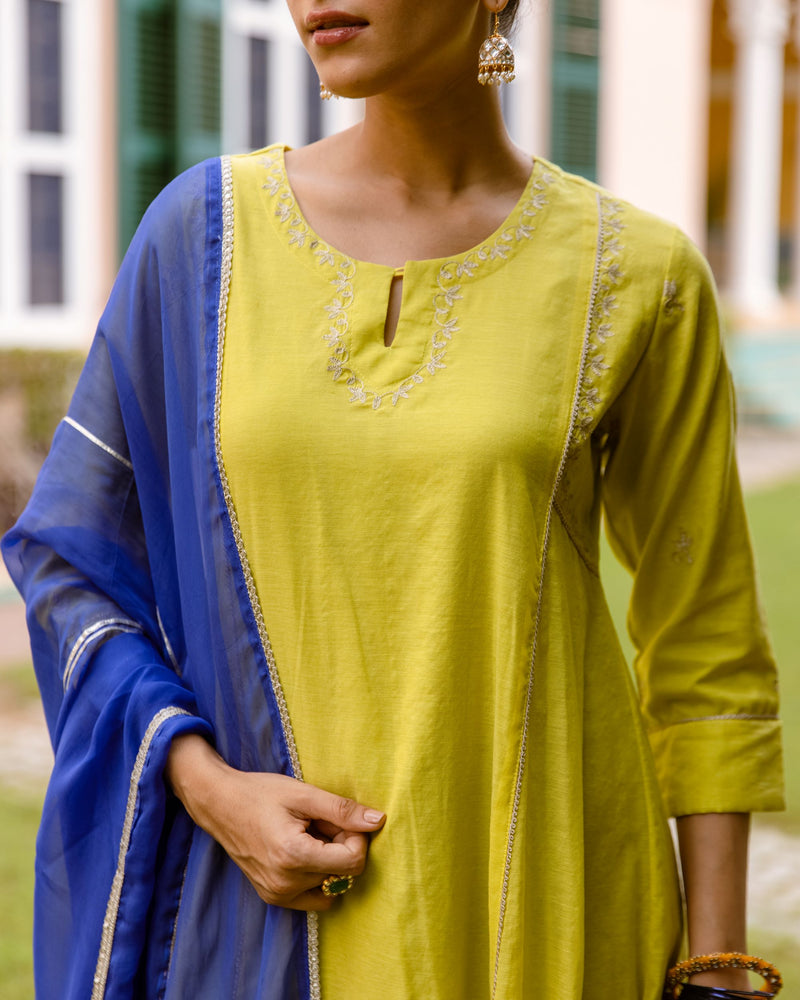 Neon Green Chanderi Complete Suit Set For Women's
