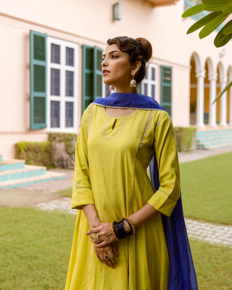 Neon Green Chanderi Complete Suit Set For Women's