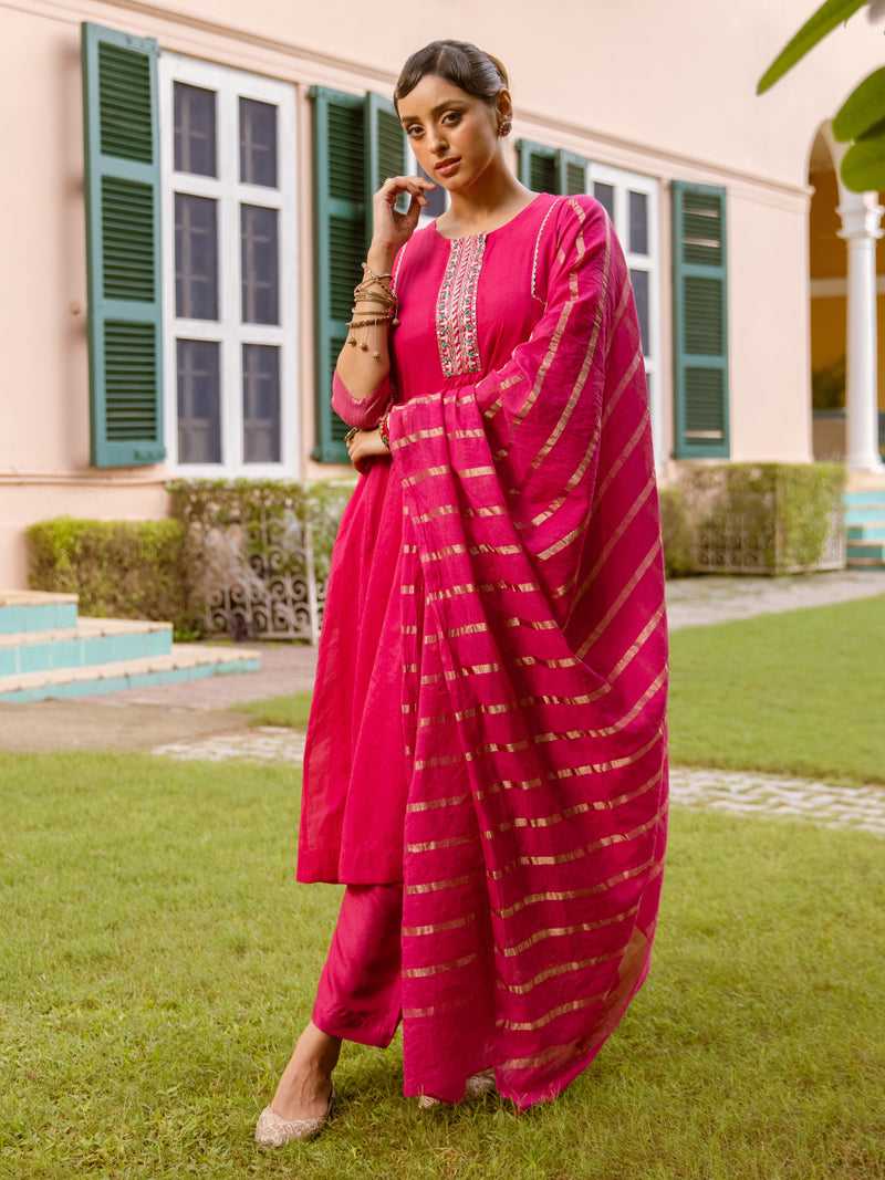 Magenta Chanderi Complete Suit Set For Women's