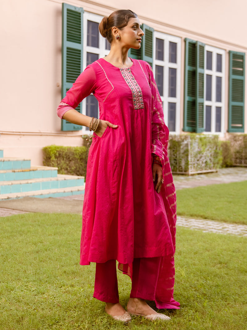 Magenta Chanderi Complete Suit Set For Women's