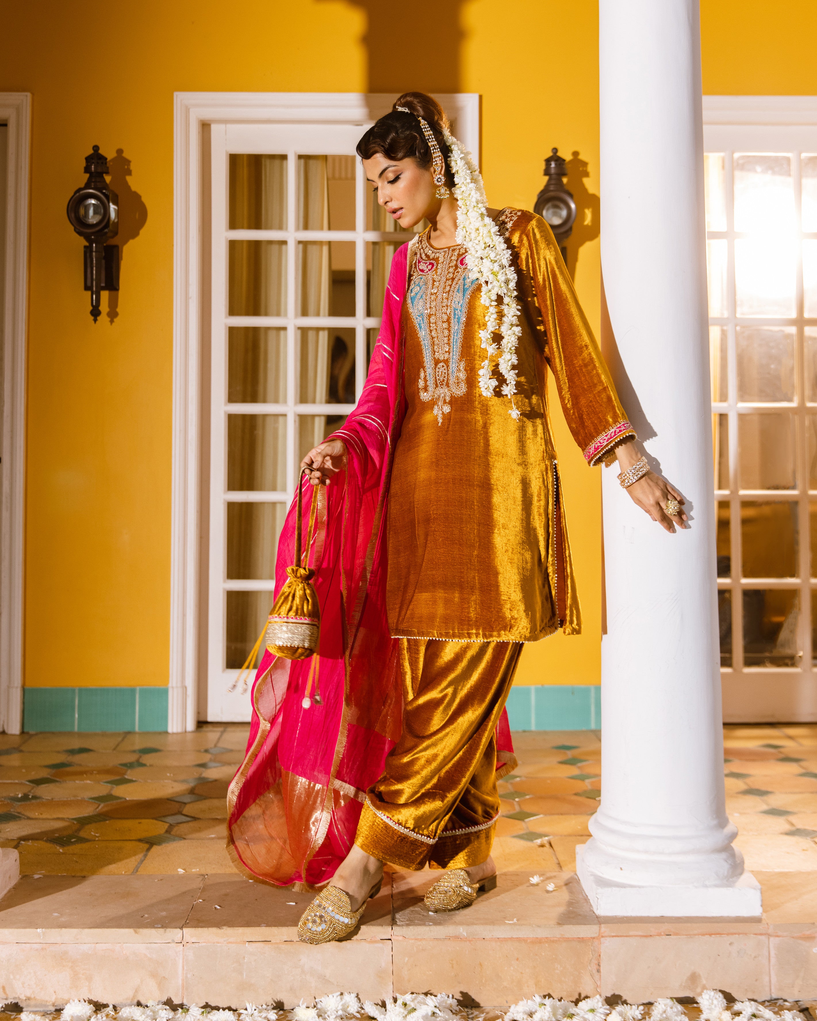 Mustard Velvet Complete Suit Set For Women's
