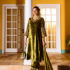 Olive Green Velvet V Neck Khatwork And Hand-Embroidered Dabka, Zari, Sequin Work Complete Suit Set