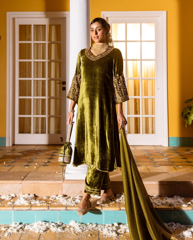 Olive Green Velvet V Neck Khatwork And Hand-Embroidered Dabka, Zari, Sequin Work Complete Suit Set