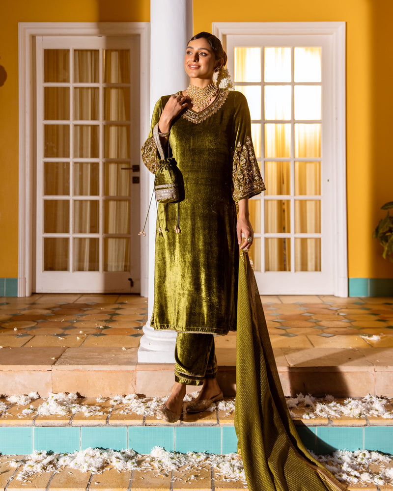 Olive Green Velvet V Neck Khatwork And Hand-Embroidered Dabka, Zari, Sequin Work Complete Suit Set