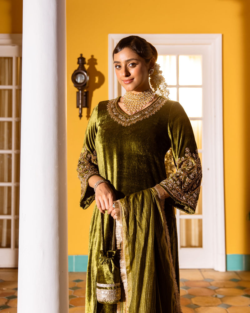 Olive Green Velvet V Neck Khatwork And Hand-Embroidered Dabka, Zari, Sequin Work Complete Suit Set