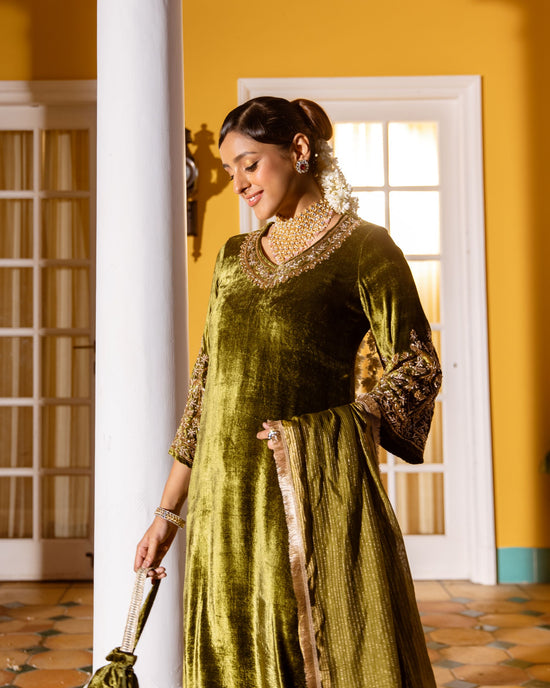 Olive Green Velvet V Neck Khatwork And Hand-Embroidered Dabka, Zari, Sequin Work Complete Suit Set